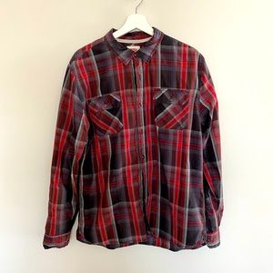 Button Up Long Sleeve Plaid Shirt Red Black Grey